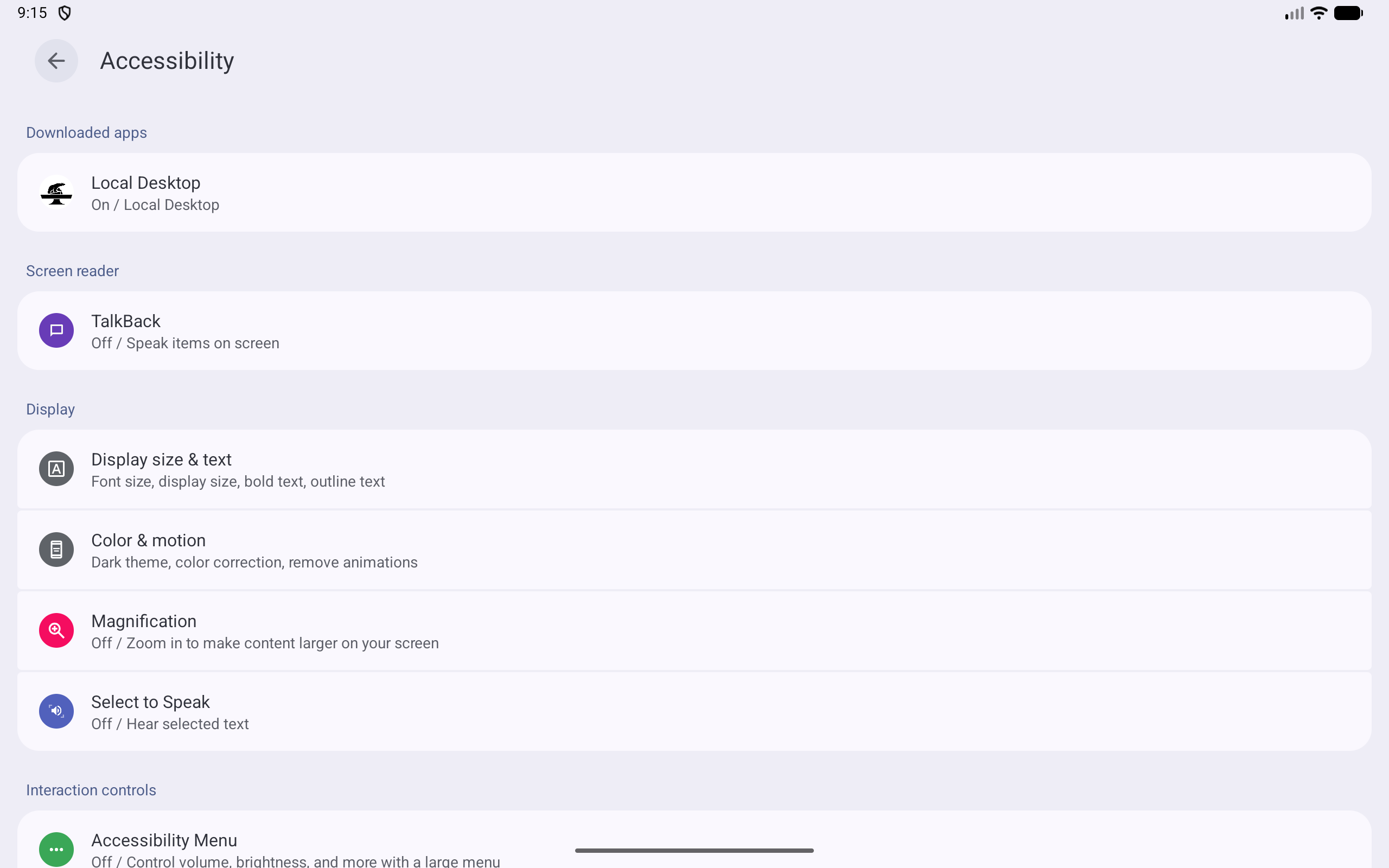 Accessibility settings after the service has been enabled