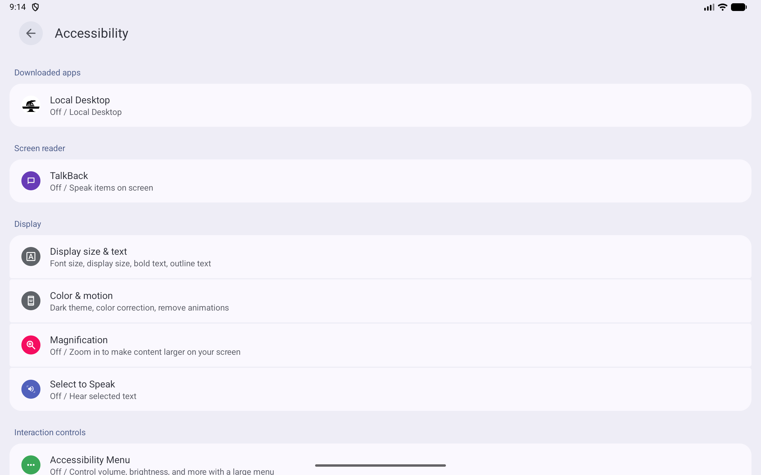 Accessibility settings with Local Desktop listed
