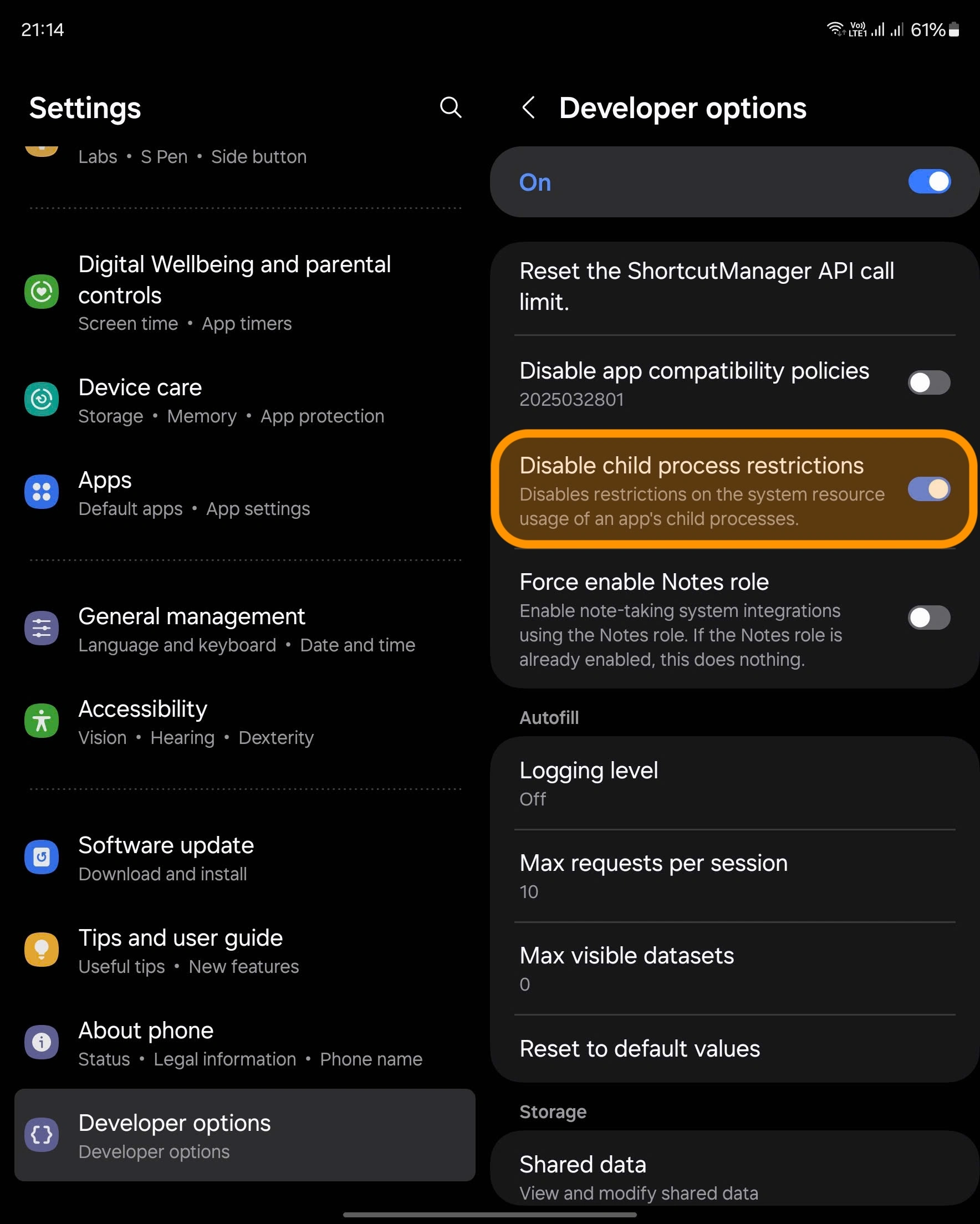 Disable phantom process killer on Samsung devices