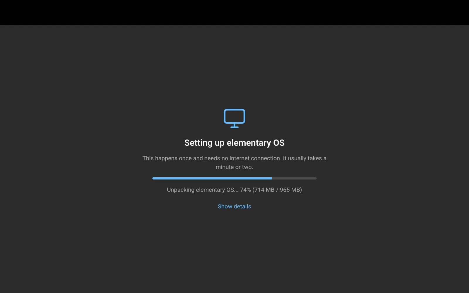 First launch unpacks the bundled OS