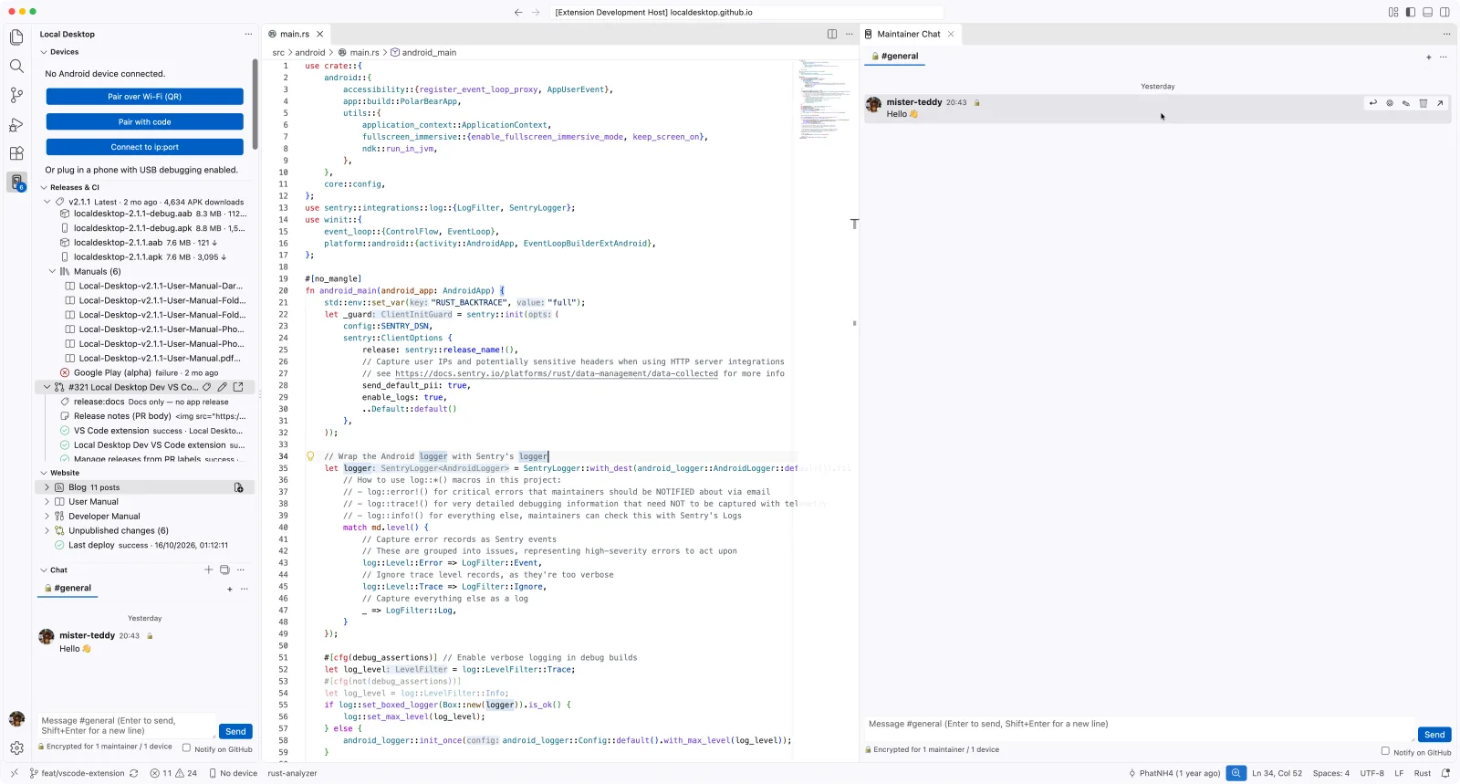 Local Desktop Dev in the editor: the sidebar, the code and the maintainer chat