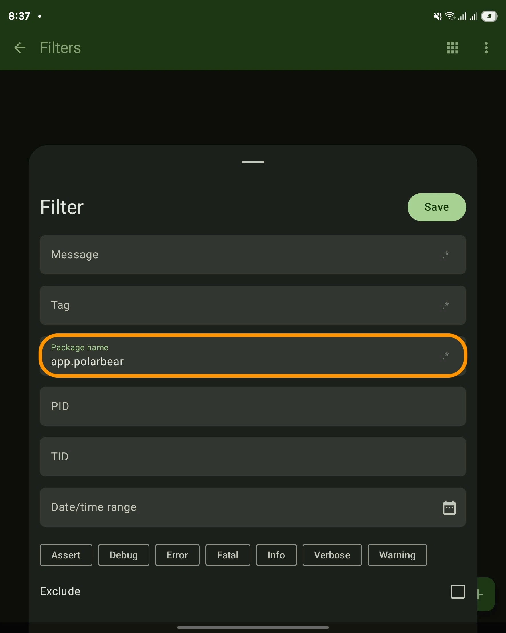Filter logcat