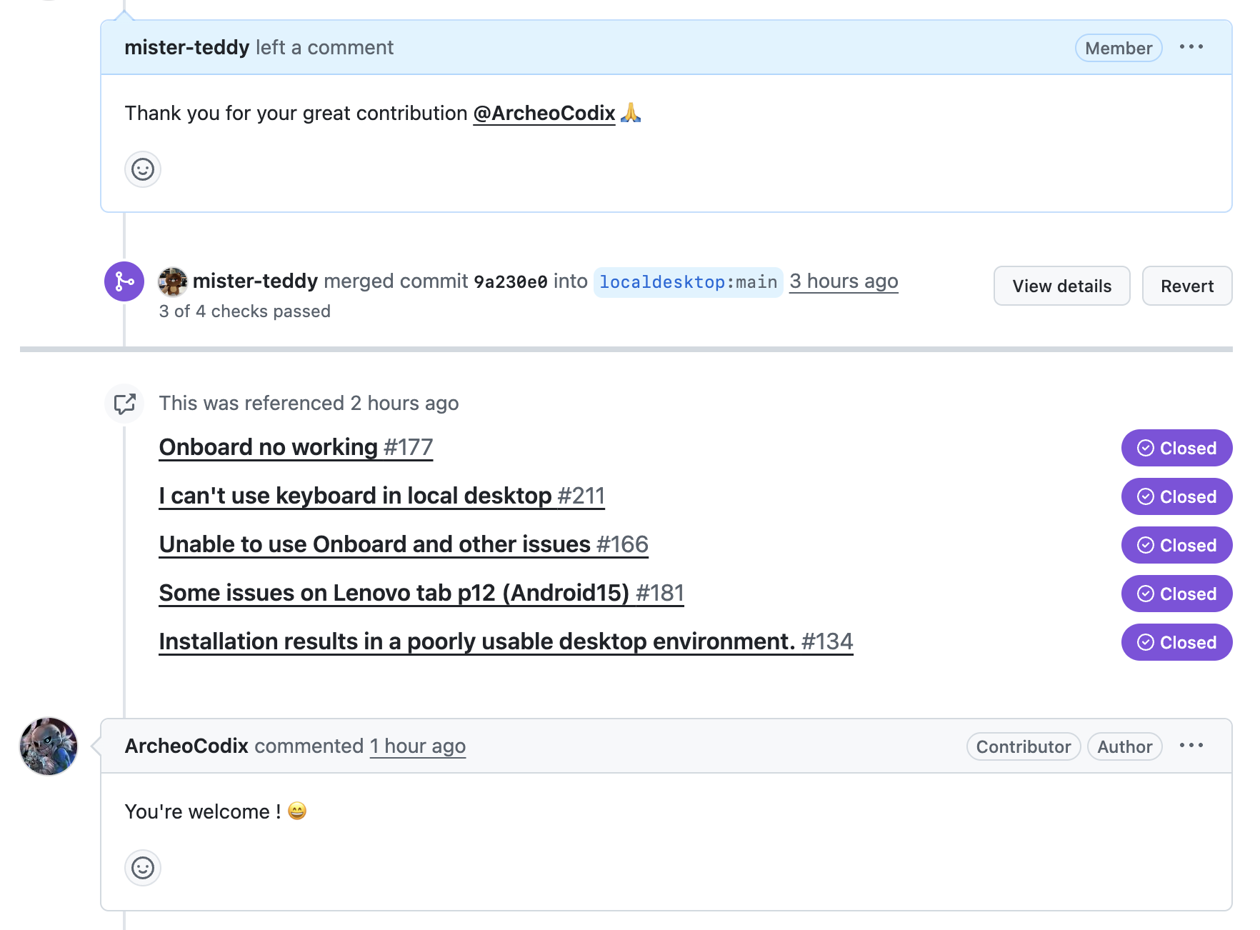 A thank-you comment on a merged contribution thread